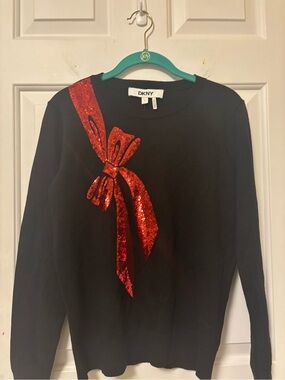 NWT DKNY Black Crewneck Christmas Holiday Sweater Red Sequin Bow Size Small